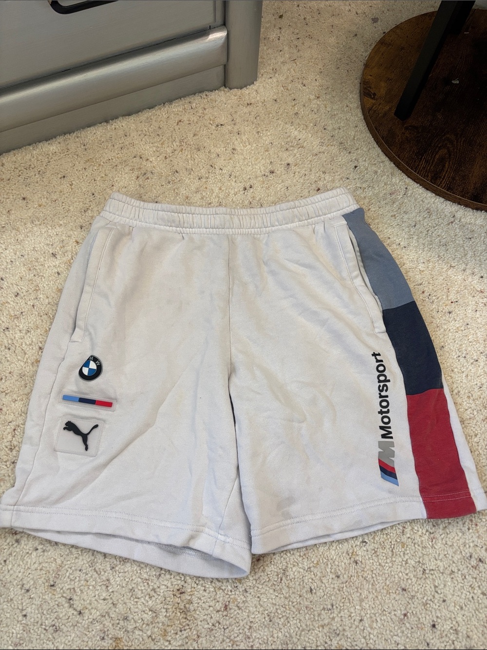 Puma BMW Motorsport Men's Light Gray Athletic Shorts with Red & Blue Panels